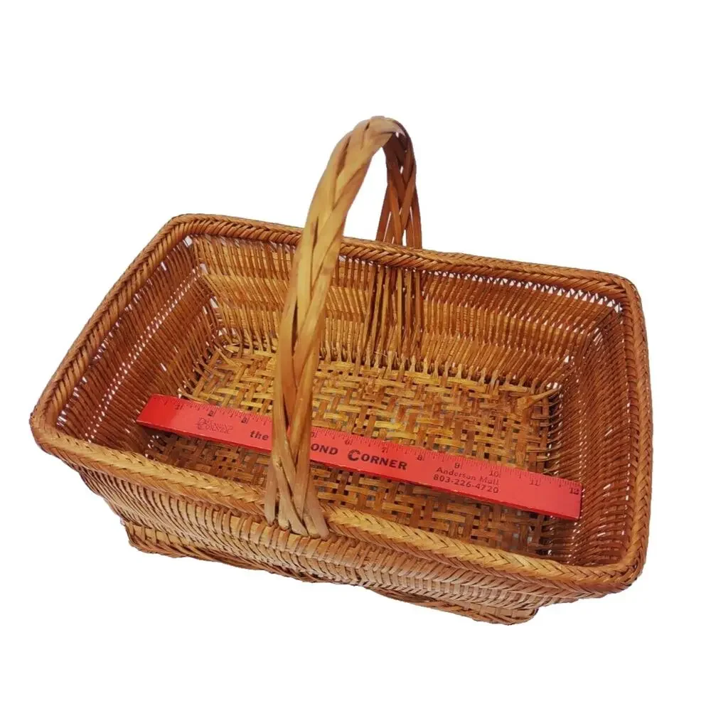 Antique Chinese Split Bamboo Handmade Woven Gathering Basket with Handle 14